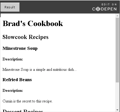 Brad's cookbook example, in CodePen.