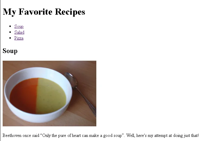 Example: My Favorite Recipes; soup, salad & pizza.