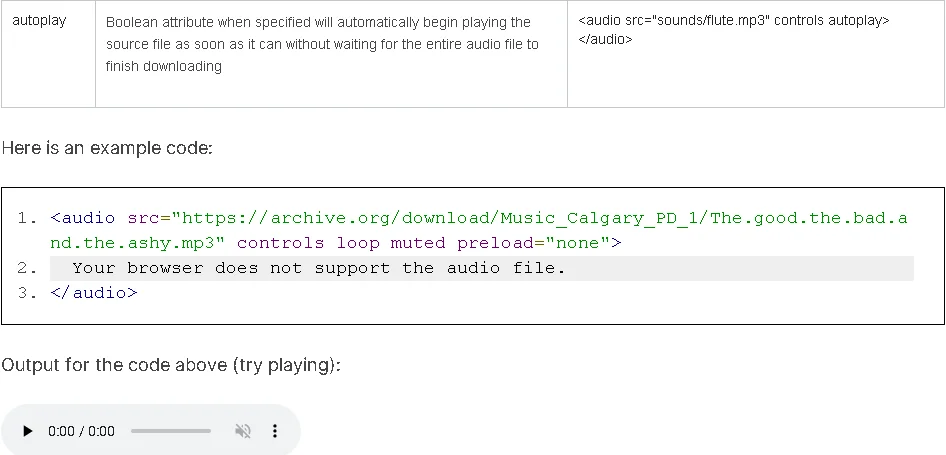 Autoplay and example code of audio src.