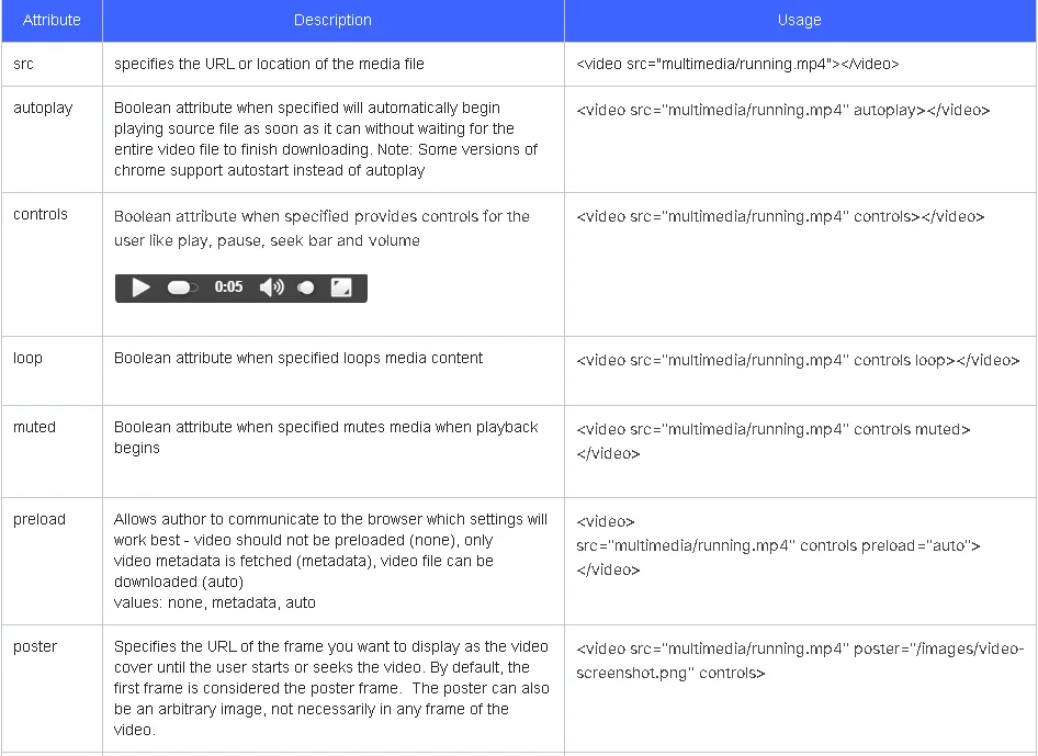 Video element attributes (top section).